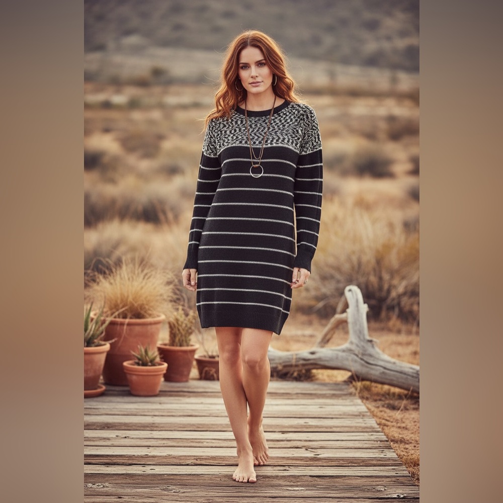 LuLaRoe Lauren Sweater Dress • Black Grey Stripe • Chenille